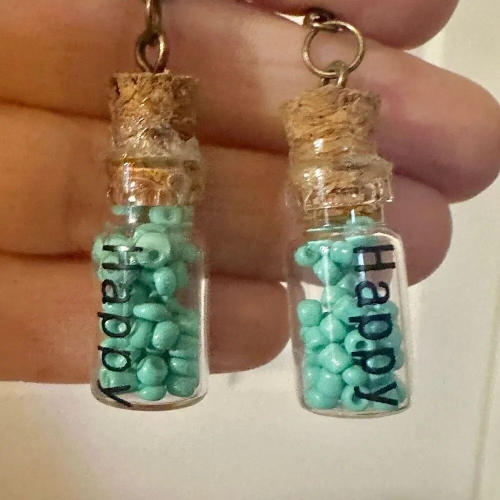 Glass jar blue bead happy earrings